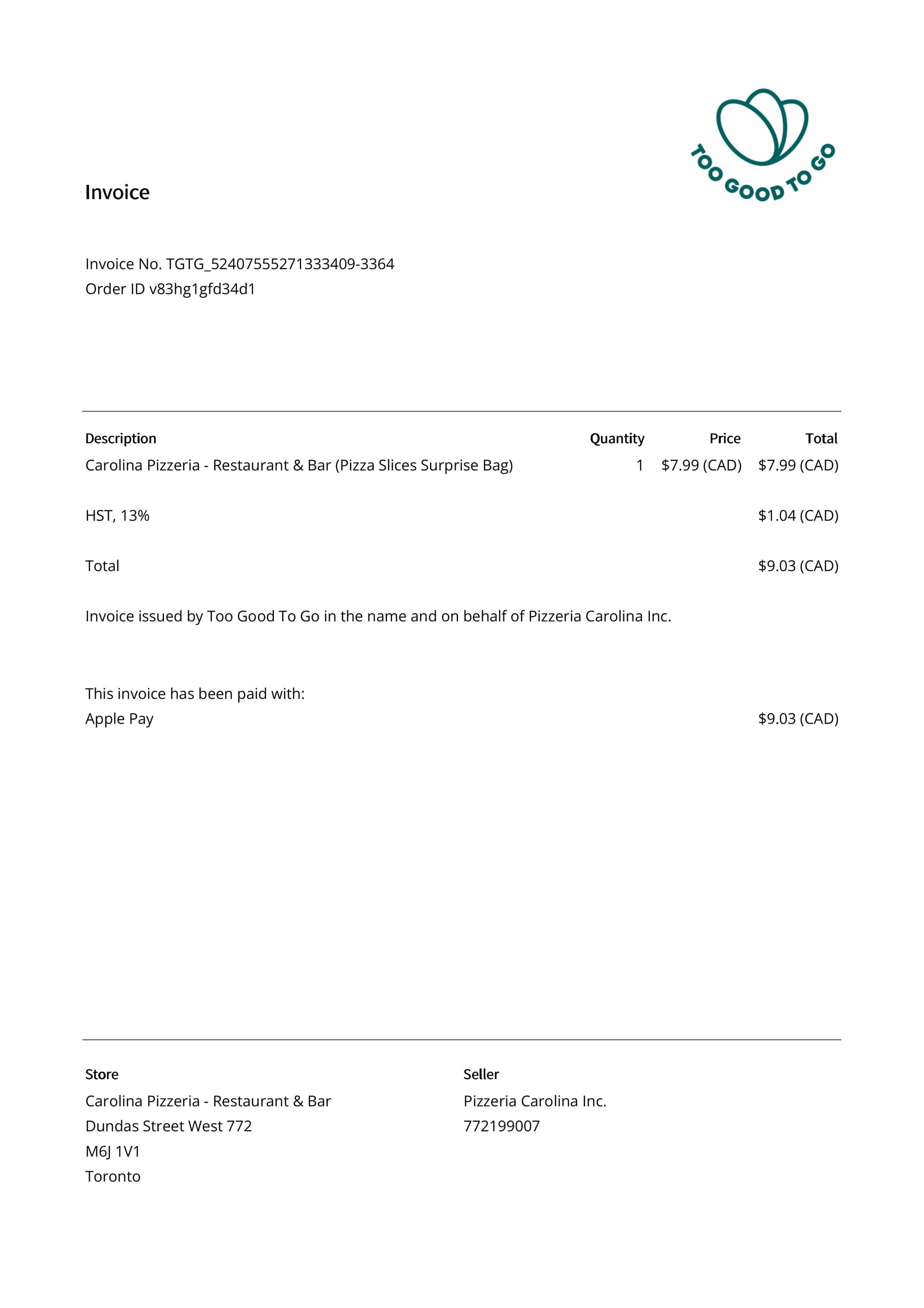 invoice from toogoodtogo for an order from Carolina Pizzeria